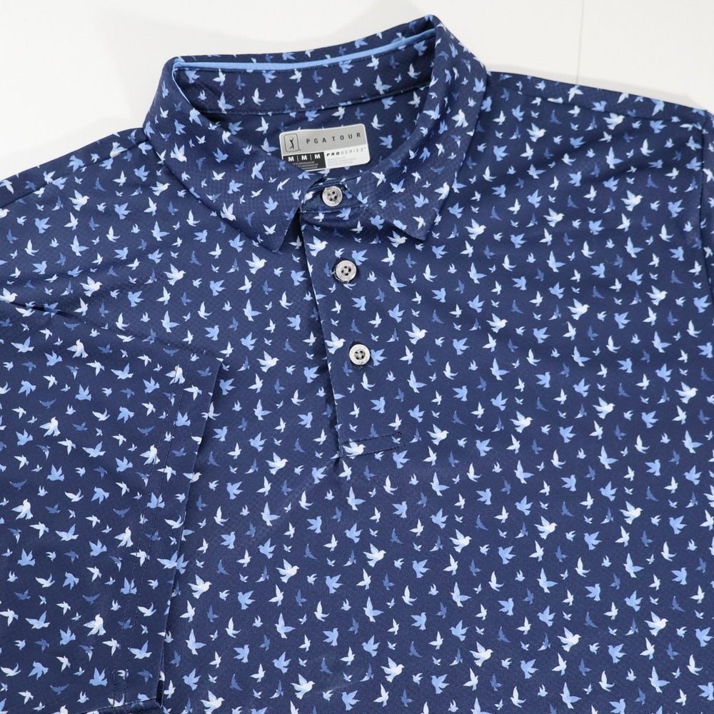 PGA Tour Pro Series Mens Medium Golf Polo Navy Blue Bird Print Athletic Fit